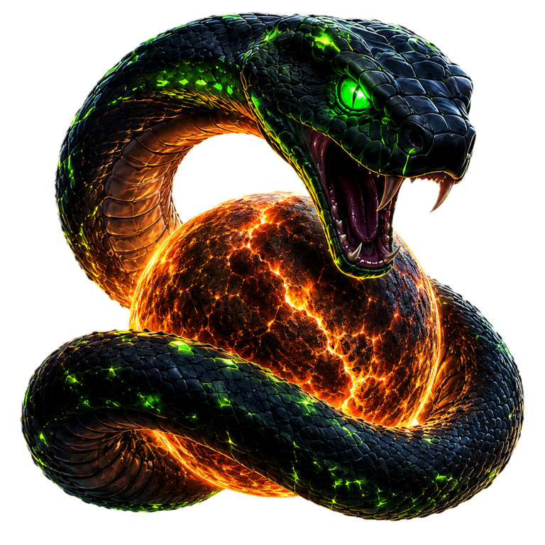 A space snake curling around a molten planet in a dark cosmic arena.